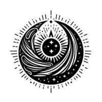 Celestial Harmony Symbolic Black White Illustration Depicting Moon Stars Embracing Radiating Sun in Circular Design. vector
