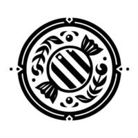 Black and White Ornate Candy Emblem Circular featuring a wrapped striped sweet, encircled by floral and decorative motifs, creating a symmetrical and detailed logolike illustration. vector