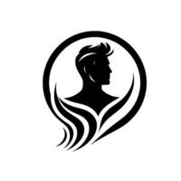 A stylized black silhouette of a mans profile framed within a circle, with a wave design. vector