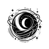Circular Celestial Illustration Crescent Moon Stars Swirling Amidst Cosmic Orbits Black and White Halftone Style, Geometric Elements vector