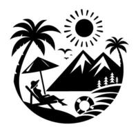 Serene beach scene in circular illustration a person relaxes under an umbrella, palm trees, mountains, sun, and life preserver. vector