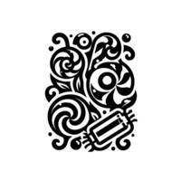 Abstract Black and White Illustration of Swirling Forms and a Candylike Object, Modern on White Background. vector