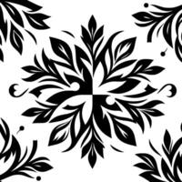 Symmetrical Black and White Floral Pattern with Leafy Elements and Abstract Geometric Shapes, on a Square Grid. vector