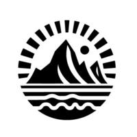 Bold Monochrome Emblem Mountains, Sun, and Waves Within a Circle, Representing Natures Majesty. vector