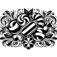 Black and White Stylized Illustration of Assorted Candies and Floral Embellishments, Creating a Festive, Decorative Design. vector