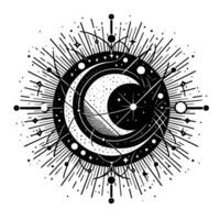 Intricate celestial illustration showcasing a crescent moon within a starfilled sphere, radiating with cosmic lines and details. vector