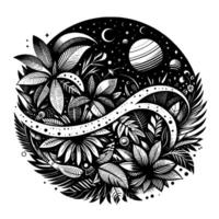Intricate black and white illustration of a celestial garden, depicting flora and fauna under a night sky with planets and moons, within a circular design. vector
