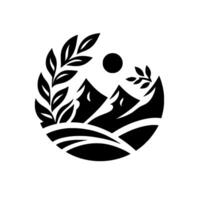 A monochromatic depicting a landscape within a circle, featuring stylized mountains, a sun, and leafy branches. vector