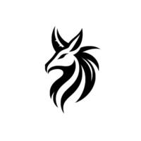 Abstract Black and White Feline Head with Antlers and Flowing Mane on White Background, Modern Design. vector