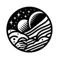 A stylized black and white circle with a night sky, waves, and celestial elements, creating a sense of dynamic and ethereal beauty. vector