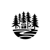Stylized black and white illustration of a forest scene within a semicircular frame, featuring trees, a tree stump, and a winding path. vector