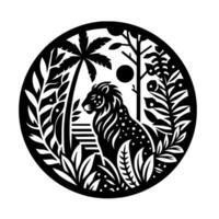 A stylized black and white illustration of a lion in a jungle scene, within a circular frame, evoking a sense of serenity. vector