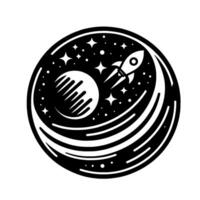 Black White Circular Illustration Rocket Launching from Space with a Striped Planet, Stars, and a Swirling Milky Way Design. vector
