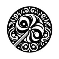 Ornate Black and White Round Lollipop with Swirling Patterns, Ornamental Details, and a Central Pinwheel. vector