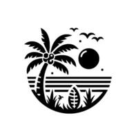 Silhouette of a Tropical Beach Scene with Palm Tree, Surfboard, Sun, Birds, and Sunset Horizon in a Circular Composition. vector