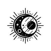 Black and White Celestial Illustration A Crescent Moon Embracing a Planet, Surrounded by Starburst Elements. vector