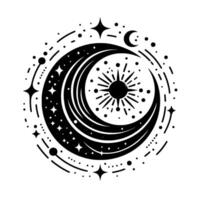 Celestial Harmony Black and white minimalist illustration of a crescent moon, sun, and stars, encircled with dots and lines, against a bright backdrop. vector