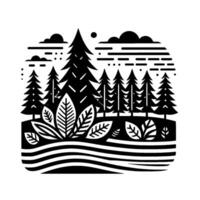 Black and white illustration of a stylized forest scene featuring stylized trees, leaves, clouds, and a sun, all within a rectangular border. vector