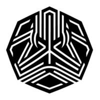 Geometric, symmetrical, black and white line art illustration of an eightsided polygon with intricate repeating patterns, layered shapes, and a futuristic design. vector