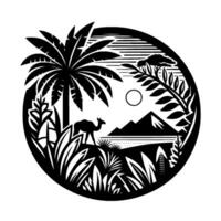 Desert Oasis Silhouette Palm tree, camel, pyramid, sun, vegetation, inside a circle frame with a minimalist, aesthetic. vector