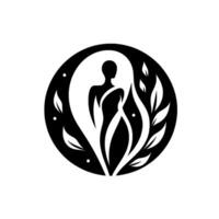 Serene black and white logo a stylized human silhouette intertwined with flowing plant elements within a circular frame. vector