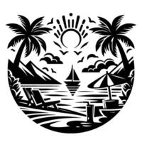 Silhouette Beach Scene Sun, Palm Trees, Sailboat, Umbrella, and Beach Chairs in a Round Frame. vector