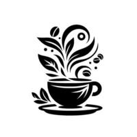 Elegant black and white coffee illustration with stylized leaves, beans, and swirls, set against a plain background, creating a minimalist cafe symbol. vector