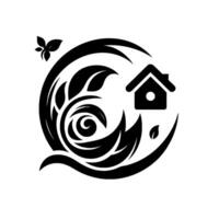Black and white illustration of a house nestled within a stylized organic design, surrounded by leaves and floral motifs. vector