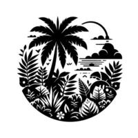 Silhouette Tropical Oasis Palm Tree and Lush Foliage Within a Circular Frame, Black and White Composition. vector