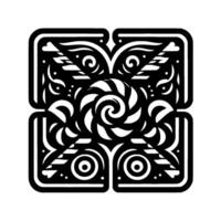 Intricate Black and White Symmetric Ornament Featuring Swirl, Eye, and Floral Patterns, Centered and Framed. vector