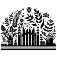 Stylized black and white garden scene with picket fence, plants in pots and watering can, sun, and stars, arranged in a semicircle. vector