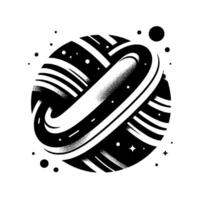 Intricate black and white minimalist art depicting a celestial body with a flowing central ring, surrounded by stars and specks on a white background. vector