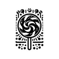 Intricate Black and White Illustration of a Swirl Lollipop Surrounded by Abstract Geometric Shapes vector