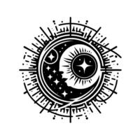 Celestial Harmony Black White Mystical Symbol Featuring Moon, Sun, and Starry Night Within an Intricate Geometric Frame. vector