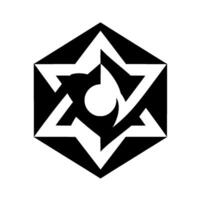 Abstract geometric artwork featuring a black and white Star of David within a hexagon with a central circle and crescent. vector