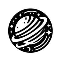 Stylized Black and White SpaceThemed Illustration Featuring a Planet with Ring, Stars, Crescent, and Circular Background. vector