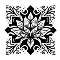 Intricate black and white floral mandala design, symmetrical composition with a central flower, surrounded by stylized leaves, curls, and geometric shapes on a white background. vector