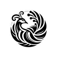 Symmetrical Black and White Peacock Design Curved lines, ornamental feathers, and minimalist elegance in a circular form on a white background. vector