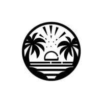 Monochromatic Circular Silhouette of a Tropical Sunset, Featuring Palm Trees, Sun Rays, and Reflective Ocean Lines. vector