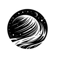 Abstract Black and White Celestial Art A stylized planet with flowing lines against a starstudded night sky and crescent moon, enclosed in a circular design. vector