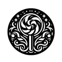 Intricate Black and White Circular Design Lollipop with Swirls, Floral Ornaments, and Star Embellishments for Decorative or Emblem Use. vector