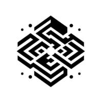 Symmetrical Black and White Geometric Design Hexagonal Maze with Central Circle and Surrounding Dots on a White Background. vector