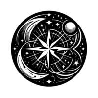 Intricate Black and White Celestial Compass Starburst, Crescent, and Orbital Elements within a Circular Frame, a Symbolic Representation. vector