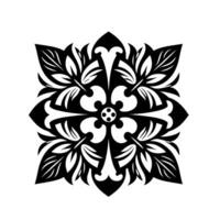 Symmetrical black and white floral mandala with layered leaf and petal patterns, creating a complex and elegant aesthetic. vector