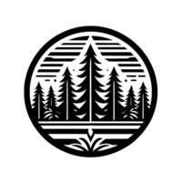 Monochromatic Circle Emblem Featuring Stylized Pine Trees, Sunset, and Decorative Leaf Base. vector