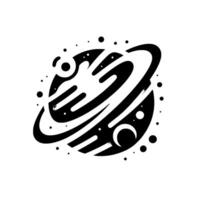 Monochromatic stylized illustration of a planet with rings, featuring a stylized with organic shapes, dots, and celestial bodies on a white background. vector