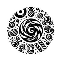Circular monochrome illustration of various candies, lollipops, and sweets arranged in a symmetrical, decorative pattern on white. vector