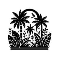 Stylized Black and White Tropical Paradise Scene Featuring Palm Trees, Bird, Lush Foliage, and Arch, Creating a Harmonious, Decorative Design. vector