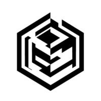 Isometric Black and White Hexagonal Maze Illusion with Geometric Layers and Contrasting Shadow Effects on White Background. vector