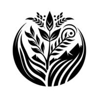 Stylized black and white nature emblem featuring a central plant and mountains within an encircling arc and symmetrical design. vector